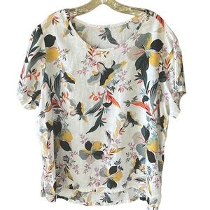 Cynthia Rowley 100% Linen Earthy Colors Floral Blouse Sz 1X Hi-lo Hem